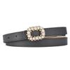 Pearl-Inlaid Ladies' Thin Waistband Fashionable Leather Belt with Decorative Plate Buckle