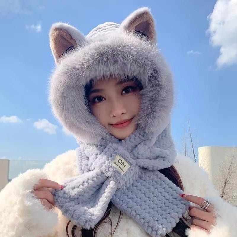 Thickened hairy hat women's winter ears plush hat scarf integrated cute little fox cold warm hat
