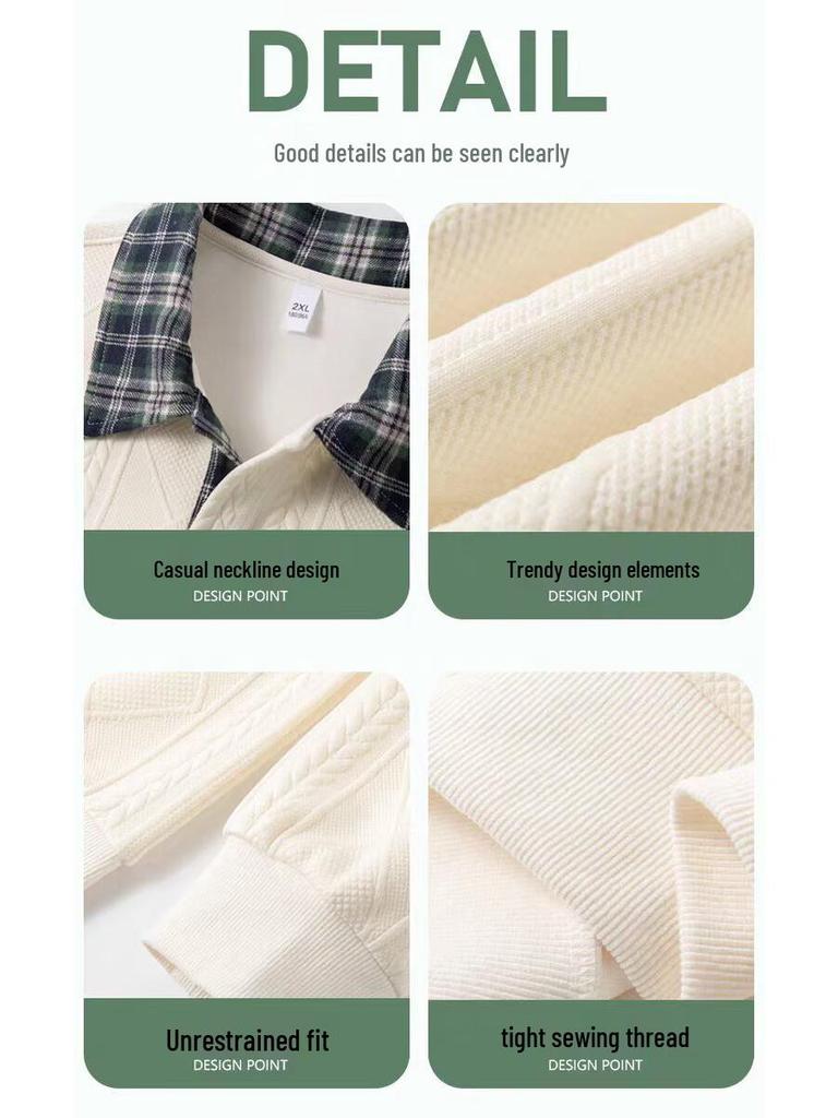 Men's Retro Color Block Plaid Long Sleeve Heavyweight Polo Collar Hoodie