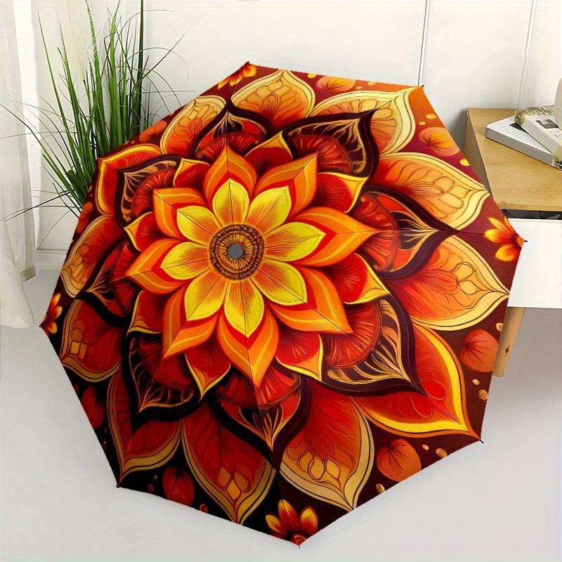 Luxurious Mandala Flower25 Automatic Open/Close Umbrella - Sunshade, Elegant Mandala Floral Design in Orange/Yellow/Red/Black/