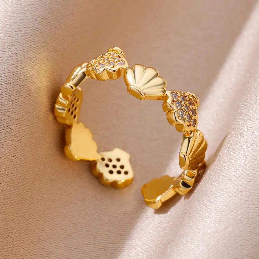 Hav Stjerne Skjell Åpne Ringer For Kvinner Gullfarge Rustfritt Stål Ring Sommer Strand Estetisk Vanntett Zirkon Gave