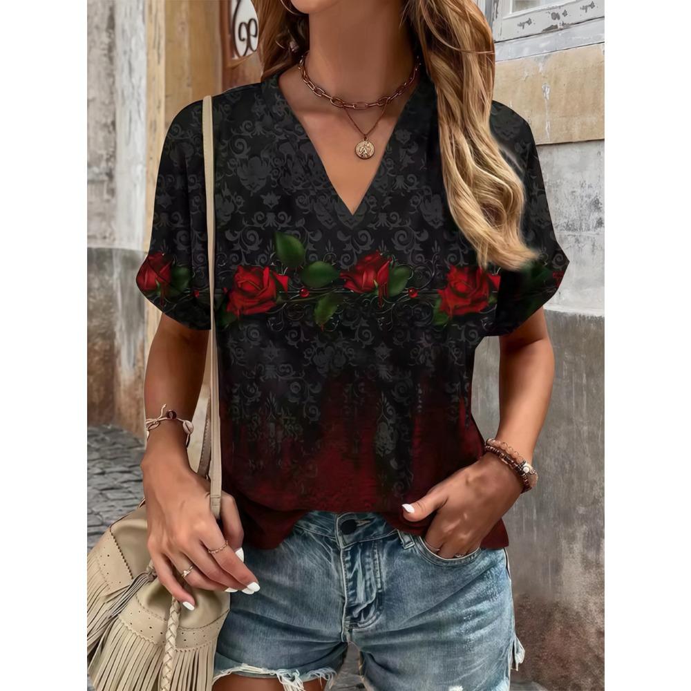 

Женская футболка оверсайз с V-образным вырезом и рукавами с отворотами - Свободная рубашка с принтом этнических цветов, Модный и элегантный летний повседневный топ 5XL