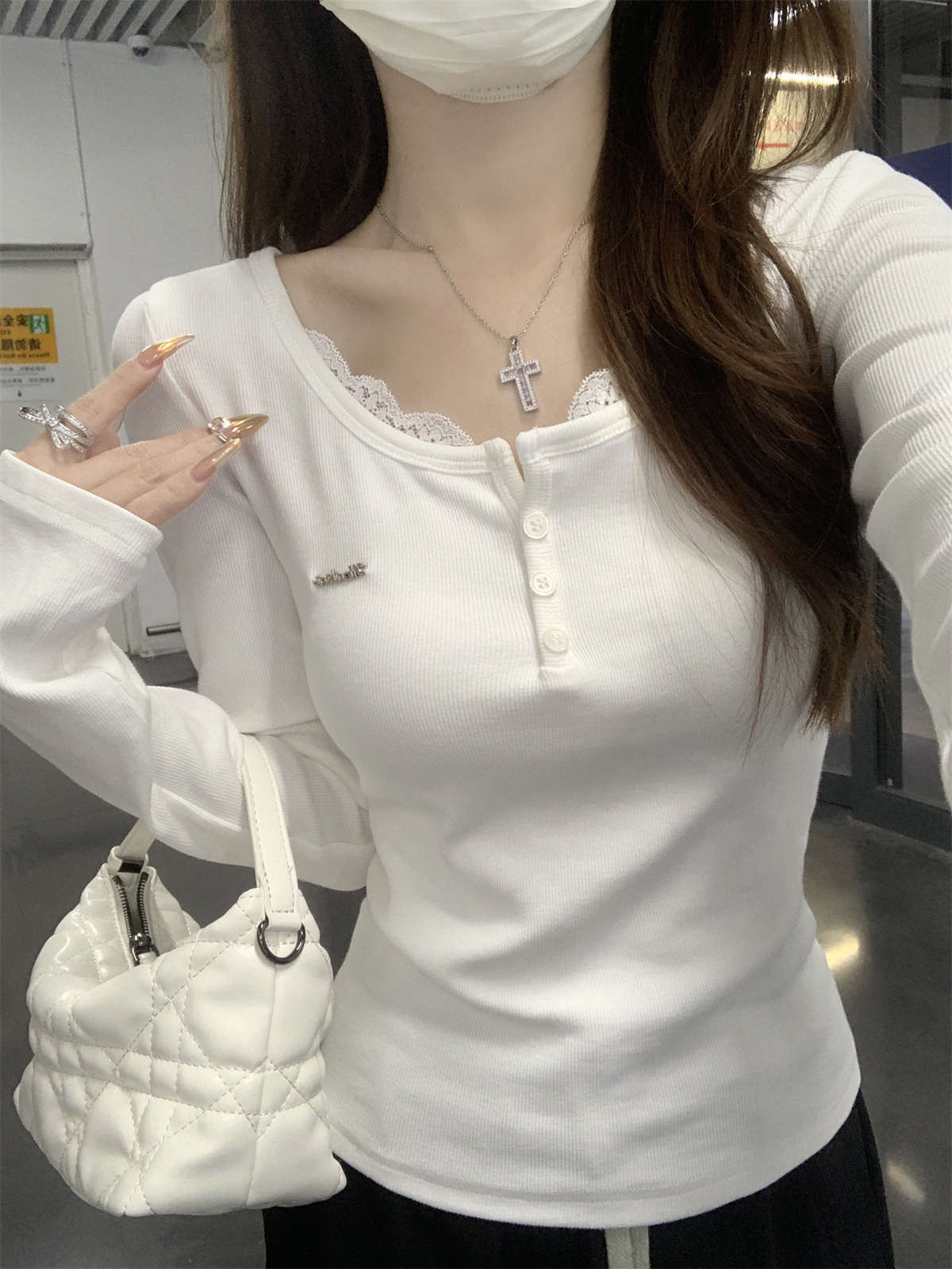 

Кружевная вставка, футболка-двойка, женский топ, весенний, облегающий, однотонный, с полуоткрытым вырезом, с длинными рукавами, базовая рубашка XL белый