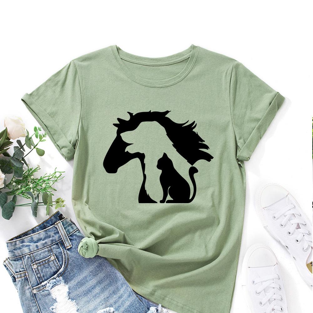 Silhouette Animals Cotton T-Shirt Short Sleeve Round Neck Women 2d Print Tops