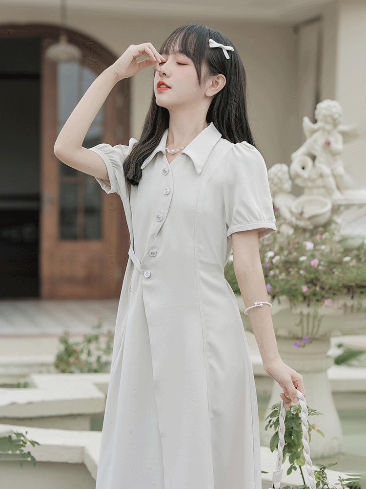 French sweet waist and thin temperament dress, summer new gentle wind design sense niche shirt medium and long dress