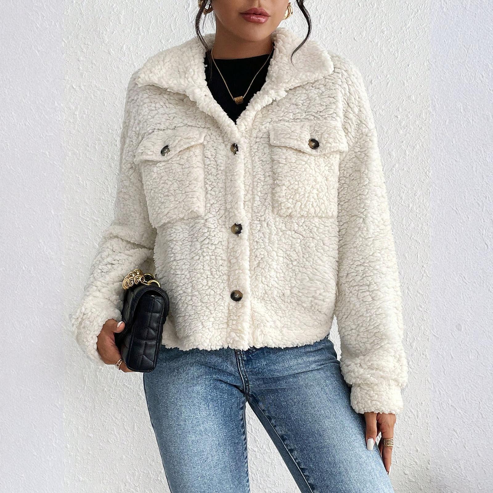 

Женская модная однотонная куртка с длинными рукавами, лацканами, карманом и плюшевой отделкой, короткая, повседневная XL