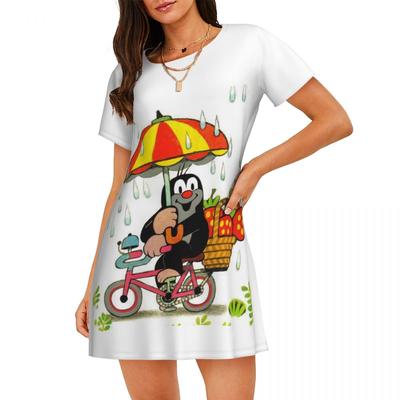 Vestido de Verano Casual Suelto de Moda con Cuello Redondo Redondo de Manga Corta para Mujer