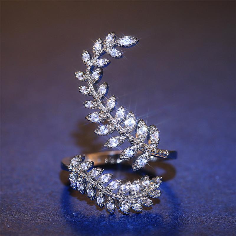 Graceful Leaves Both End of Open Ring 925 Sterling Silver Girl Cocktail Party Rings Shine Crystal Zircon Fashion Women Jewelry