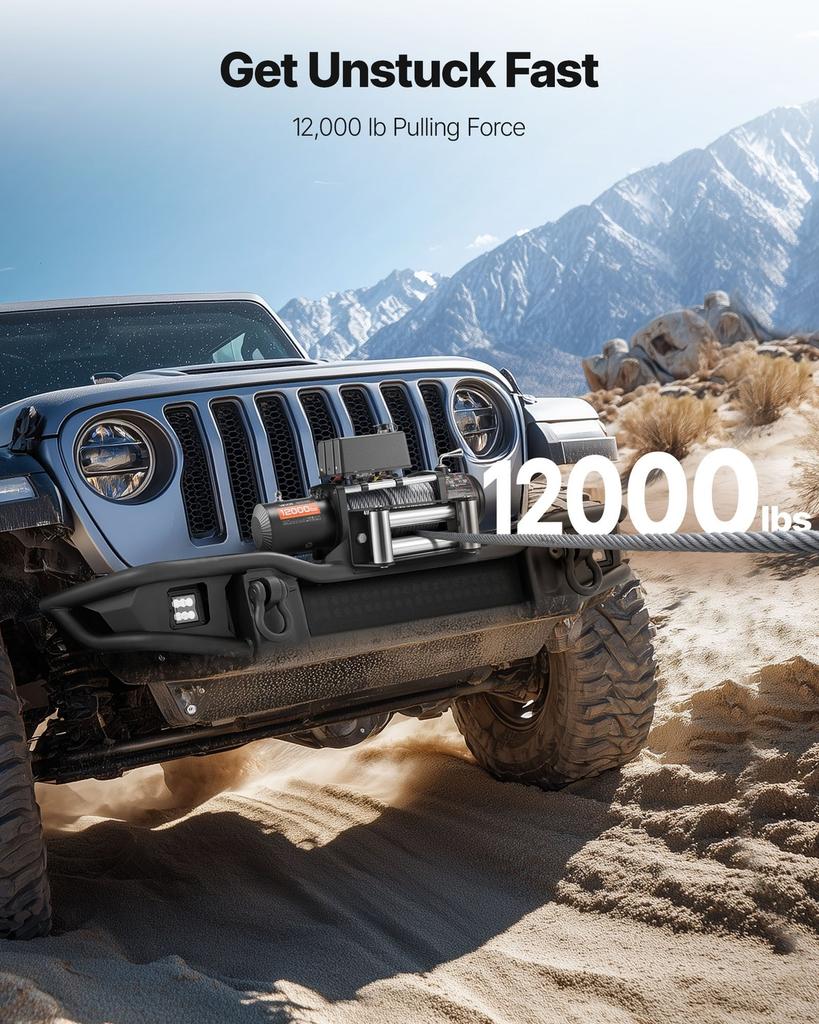 Electric Winch, 5400 kg Load Capacity, 12V DC Truck Winch with 9.1 mm x 26 m Steel Rope, Wireless & Wired Remote Control, Suitable for Towing SUV Jeep