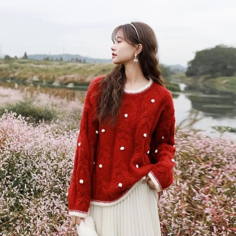 

WTEMPO Женский рождественский свитер с длинным рукавом в горошек, мягкий корейский модный свитер с круглым вырезом, пуловер, трикотаж на осень-зиму XXL красный