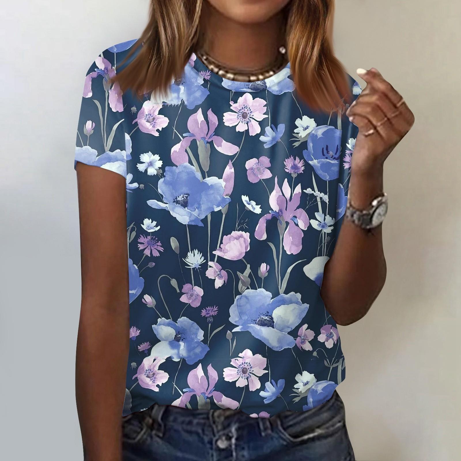 

Жіноча модна повсякденна футболка з квітковим принтом і круглим вирізом з короткими рукавами M