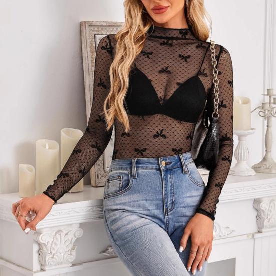 Dámské spodní topy s polovičním vysokým límcem a dlouhým rukávem, průhledné krajkové topy, halenka se vzorem výšivky a mašle pro každodenní nošení