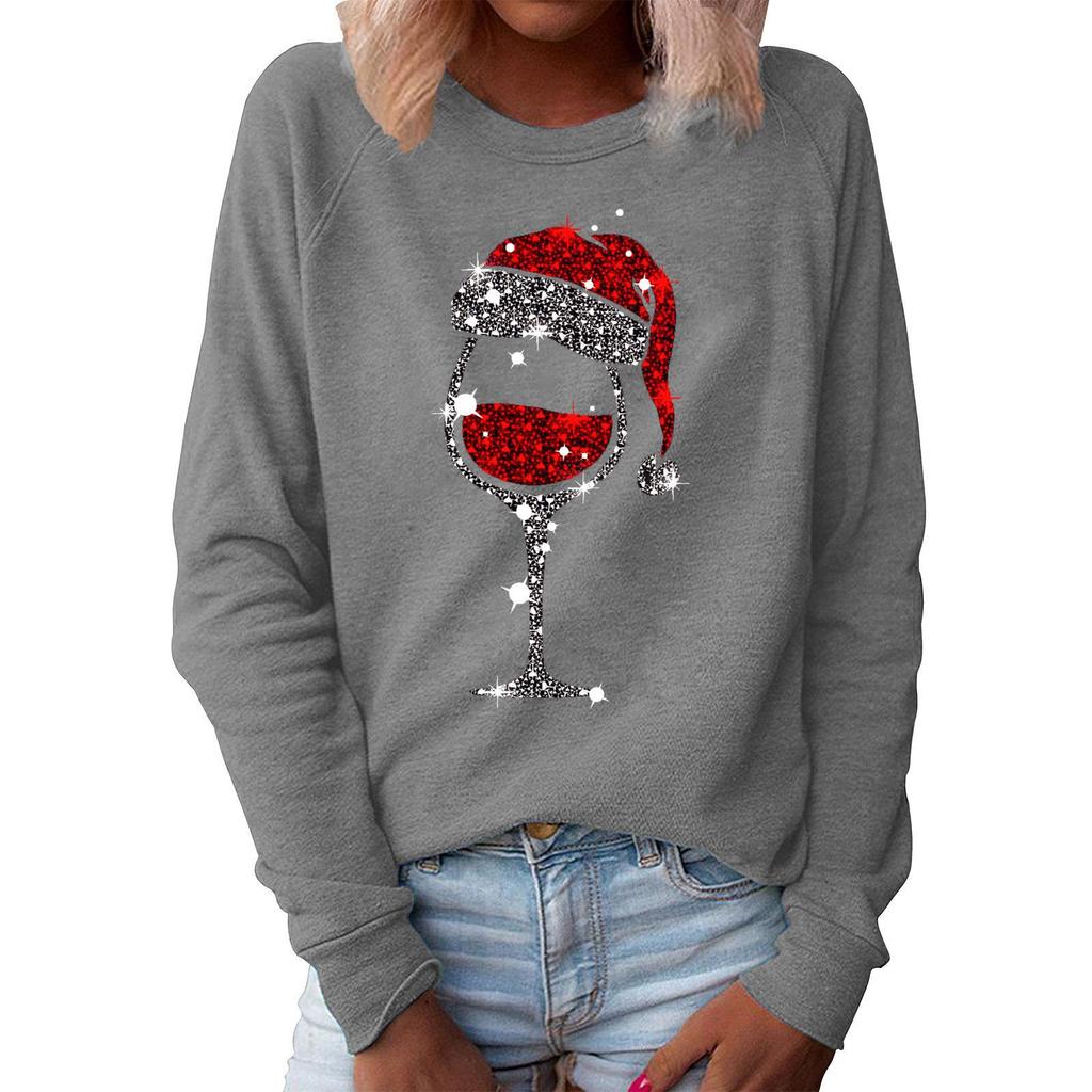 Women's Christmas Hoodie - Red Wine Glass Pattern, Round Neck, Long Sleeve