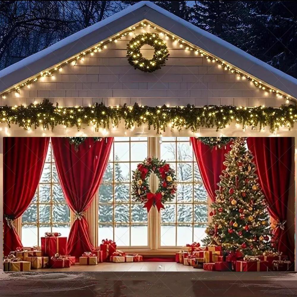 Merry Christmas Garage Door Background Banner Xmas Tree Gift Santa Claus Backdrop Winter Christmas Party Outdoor Wall Decoration