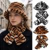 Soft Fluffy Faux Fur Hat Thick Warm Mink Fur Bucket Cap Leopard Print Scarf  Cold Weather