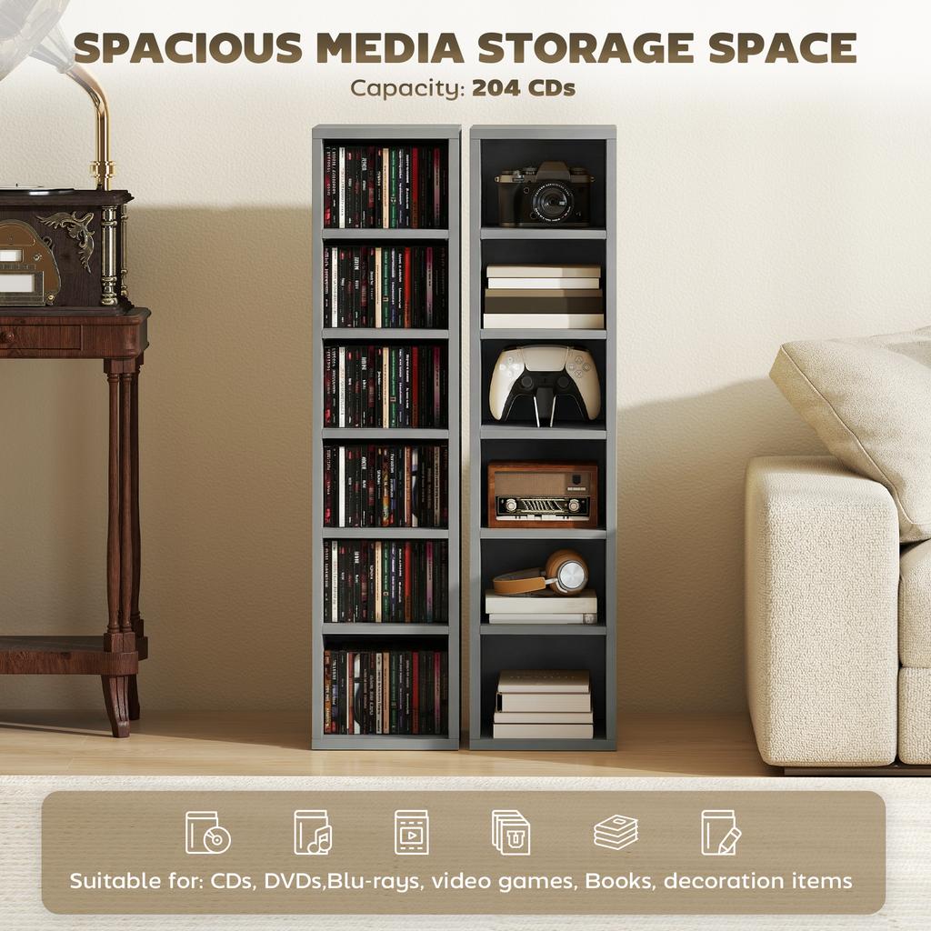 Set of 2 CD Media Display Shelf Unit Tower Rack with Adjustable Shelves, Light Grey