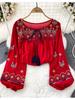 Embroidery Flower Spring Women Blouse Vintage Ethnic Lantern Long Sleeved Oneck Loose Cotton Linen Shirt Casual Top D5082