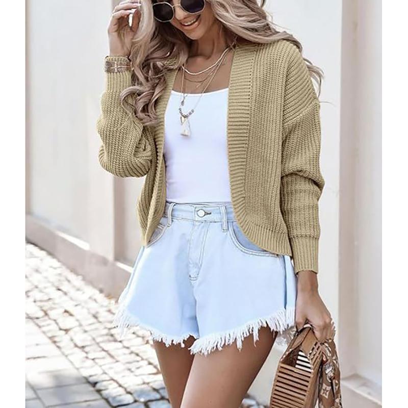 Ladies Casual Wrap Shoulder Autumn Winter New Style Outerwear Sweater Short Jacket Pure Color Open Cardigan Top