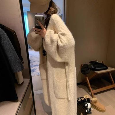 Manteau Long en Tricot Style Coréen Paresseux pour Femme Automne Hiver Nouveautés Ample Haut de Gamme Cardigan Tricoté Épais Pardessus