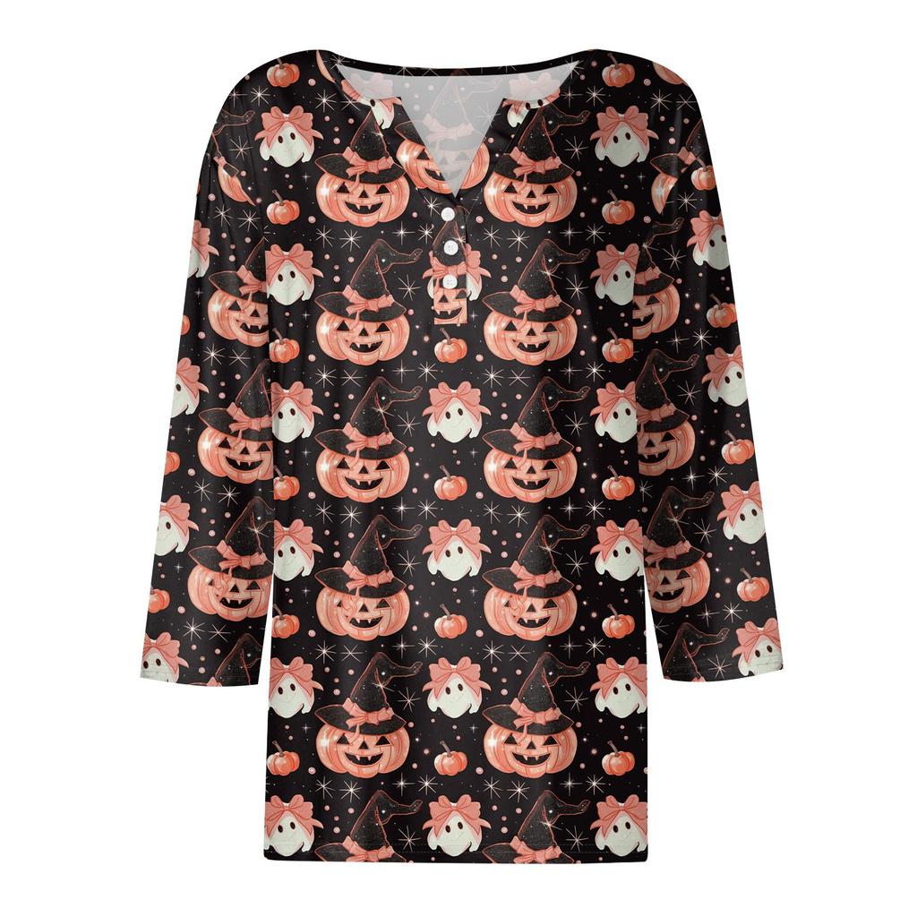 3/4 Ärmel Damen Tops Halloween Print Vintage Mode Lässig Locker Mit V-Ausschnitt Übergröße Shirts