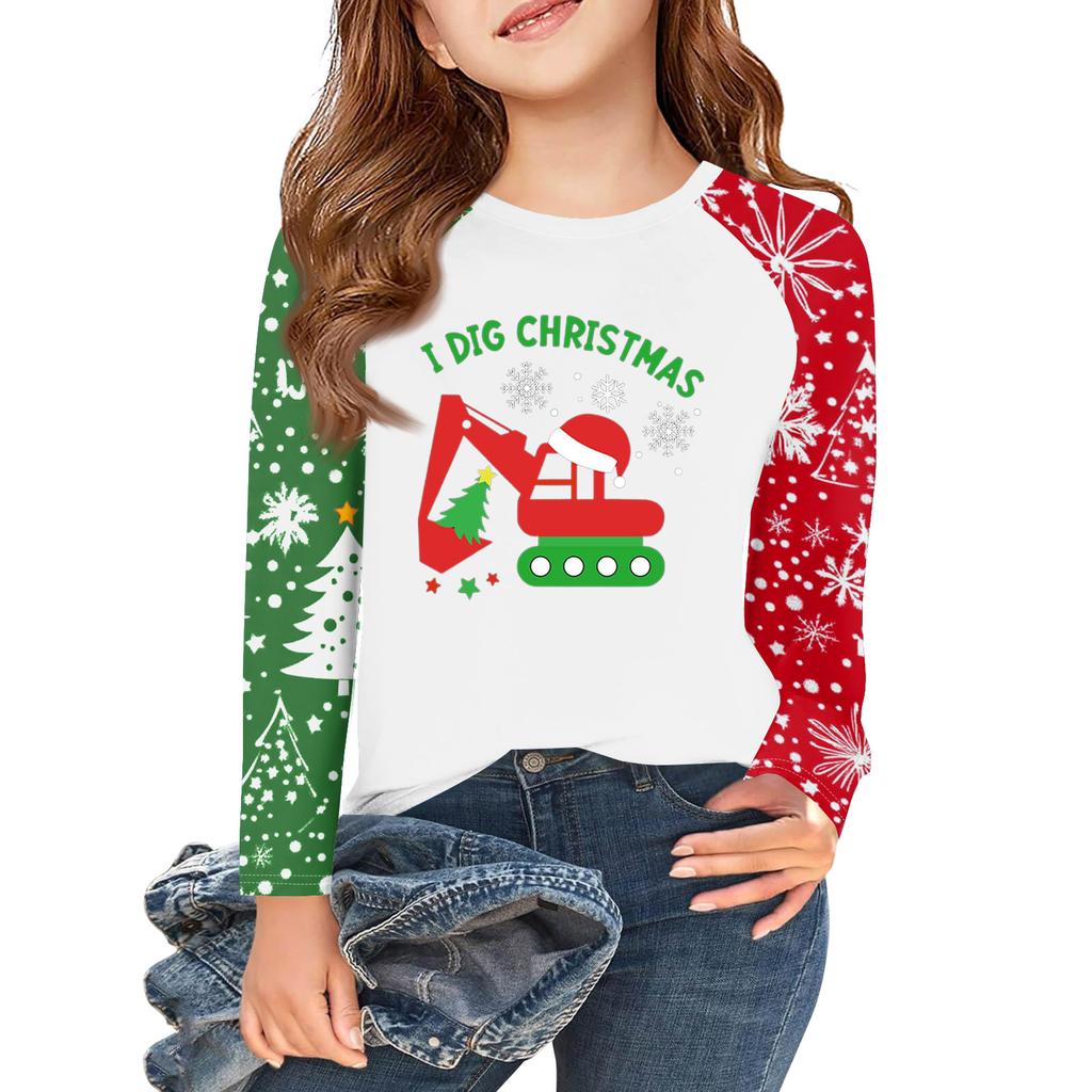 Girls Long Sleeve Christmas Day T Shirts Kids Fall Tops Crewneck Basic Tees 5-14Y