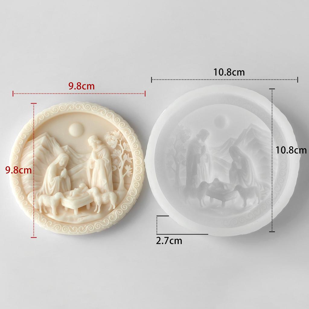3D Nativity Scene Mold, Round Silicone Jesus Birth Candle Mould, Resin Fondant Gypsum Plaster Wax Soap Chocolate Crafting DIY