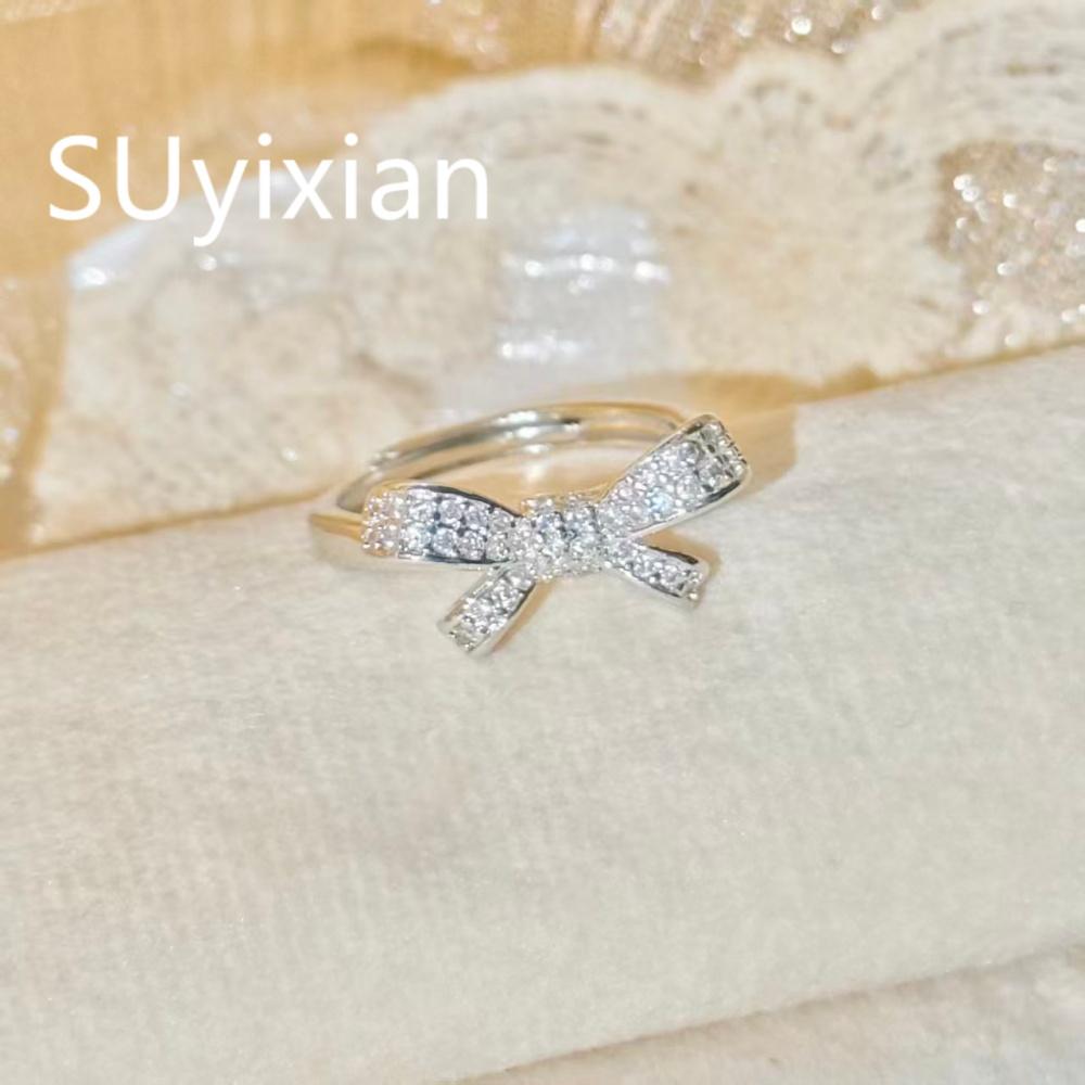 925 Sterling Silver Light Luxury Fashion Bow Zircon Ring, Birthday Party Anniversary Wedding Gift, Ladies Jewelry