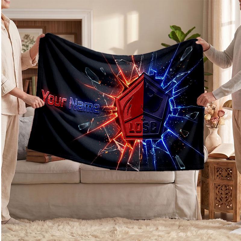LOSC Lille FC Personalized Fleece Blanket With Football Logo, Custom Name Text Soft Warm Home Throw Blanket