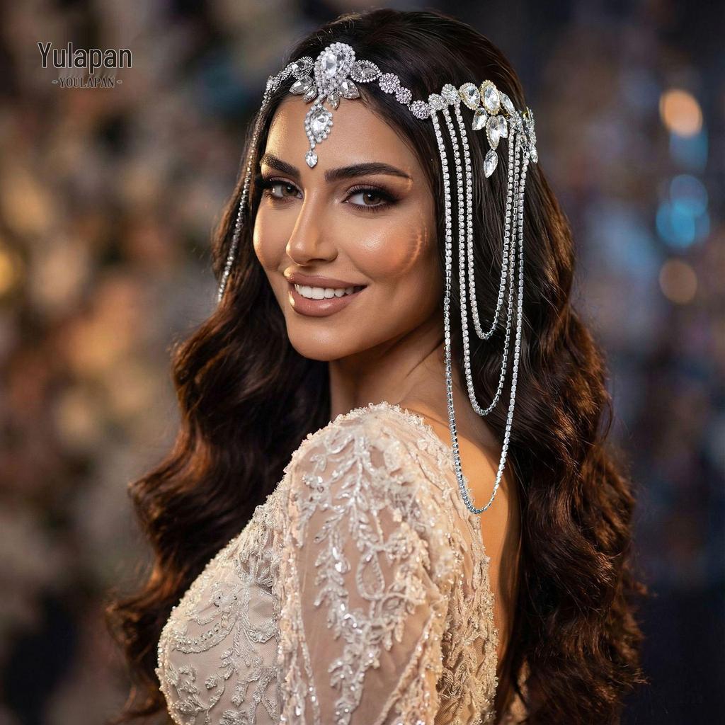 Yula Pan Multilayer Tassel Forehead Hair Chain, Bridal Wedding Hairband.