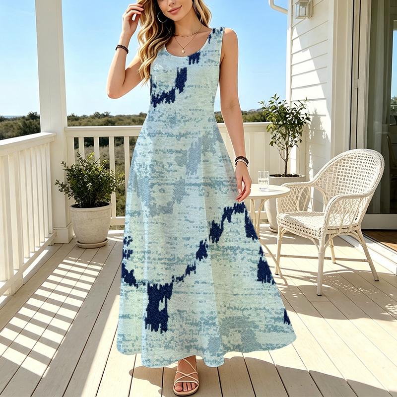 Bohemian Sleeveless Tie-Dye Maxi Dress,Lightweight Tank Style for Beach Vacation,Casual Daily Wear,Spring & Fall Layering