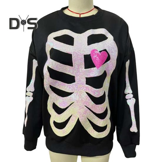 Women Sweatshirt Skeleton Pattern Round Neck Sequin Decor Long Sleeves Loose Elastic Cuffs Pullover Sport Daily Wear Fall Spring Top