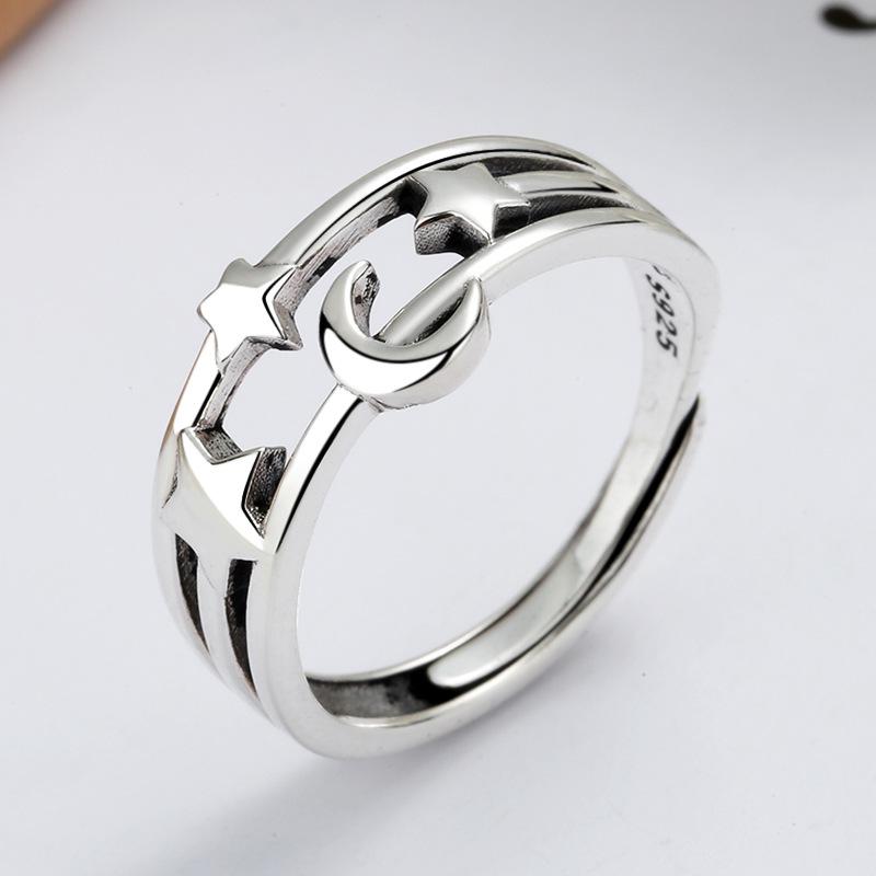 CaiYi S925 Sterling Silver Star & Moon Korean Style Ring for Women – Unique Design, Hollow Star Moon Index Finger Ring