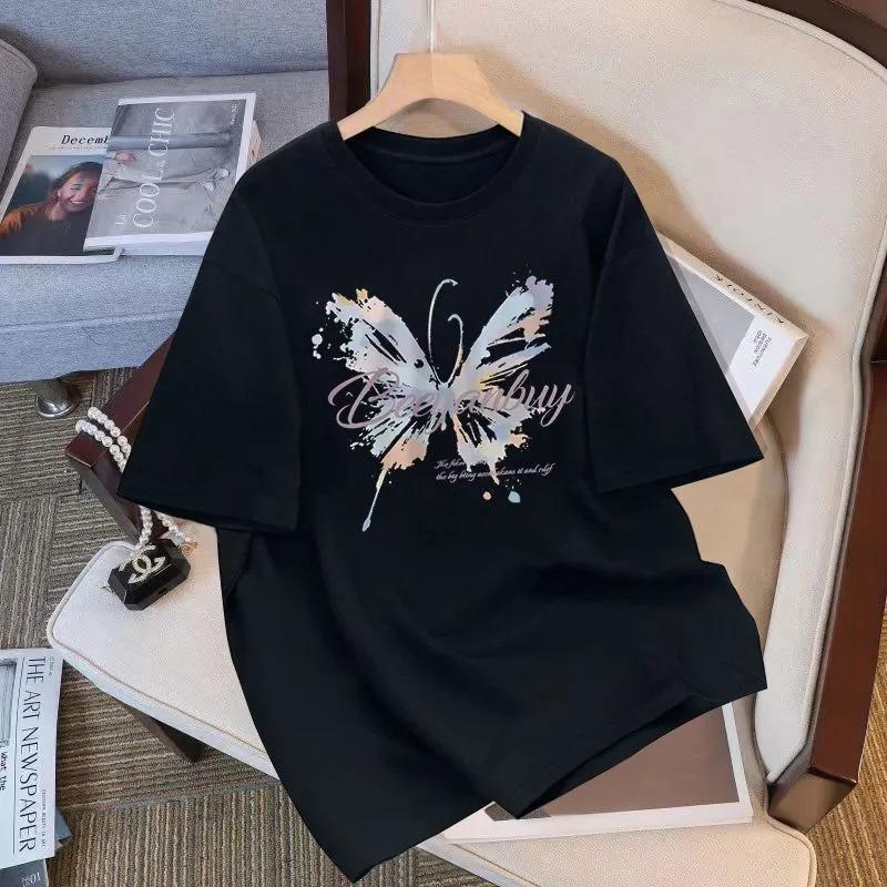 Butterfly Print Crew Neck Oversized T-Shirt Casual Short Sleeve Graphic Tee