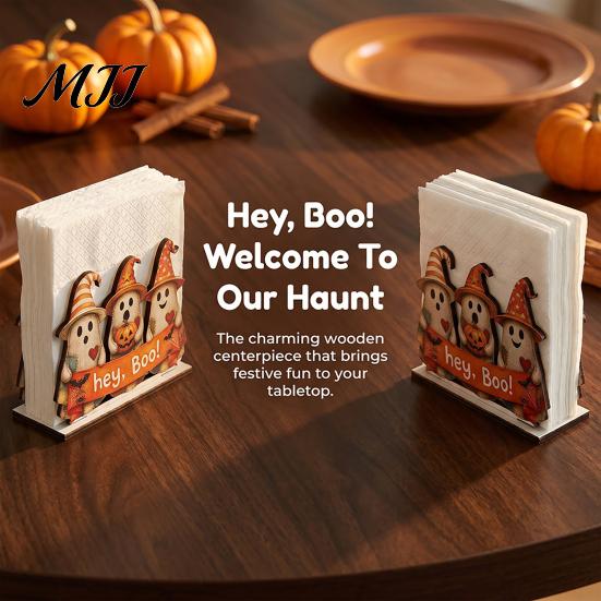 Rustic Kitchen Storage Halloween Wooden Napkin Holder, Ghost Black Cat Decorative Tabletop Tissue Countertop Organizer Dispenser, Paper Towel