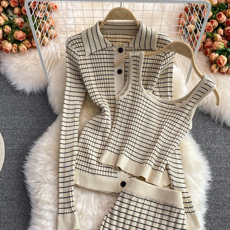 Fashion Suit Skirt Slim Knitted Lapel Top Sleeveless Vest Three-Piece High Waist Striped Hip Skirt Women