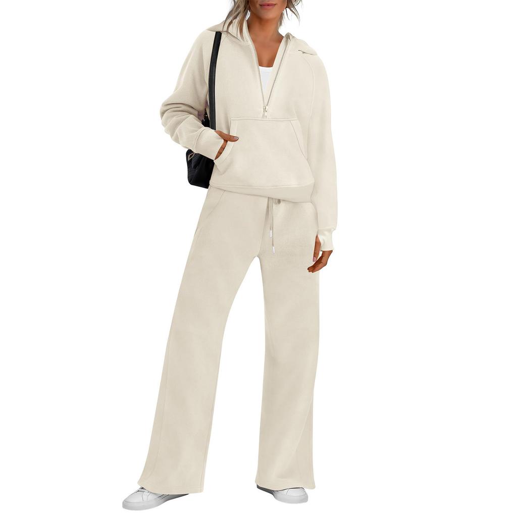 Women's Fashion Solid Color Long Sleeve Hooded Sweatshirt Top And Pants Casual Leisure Two Piece Set