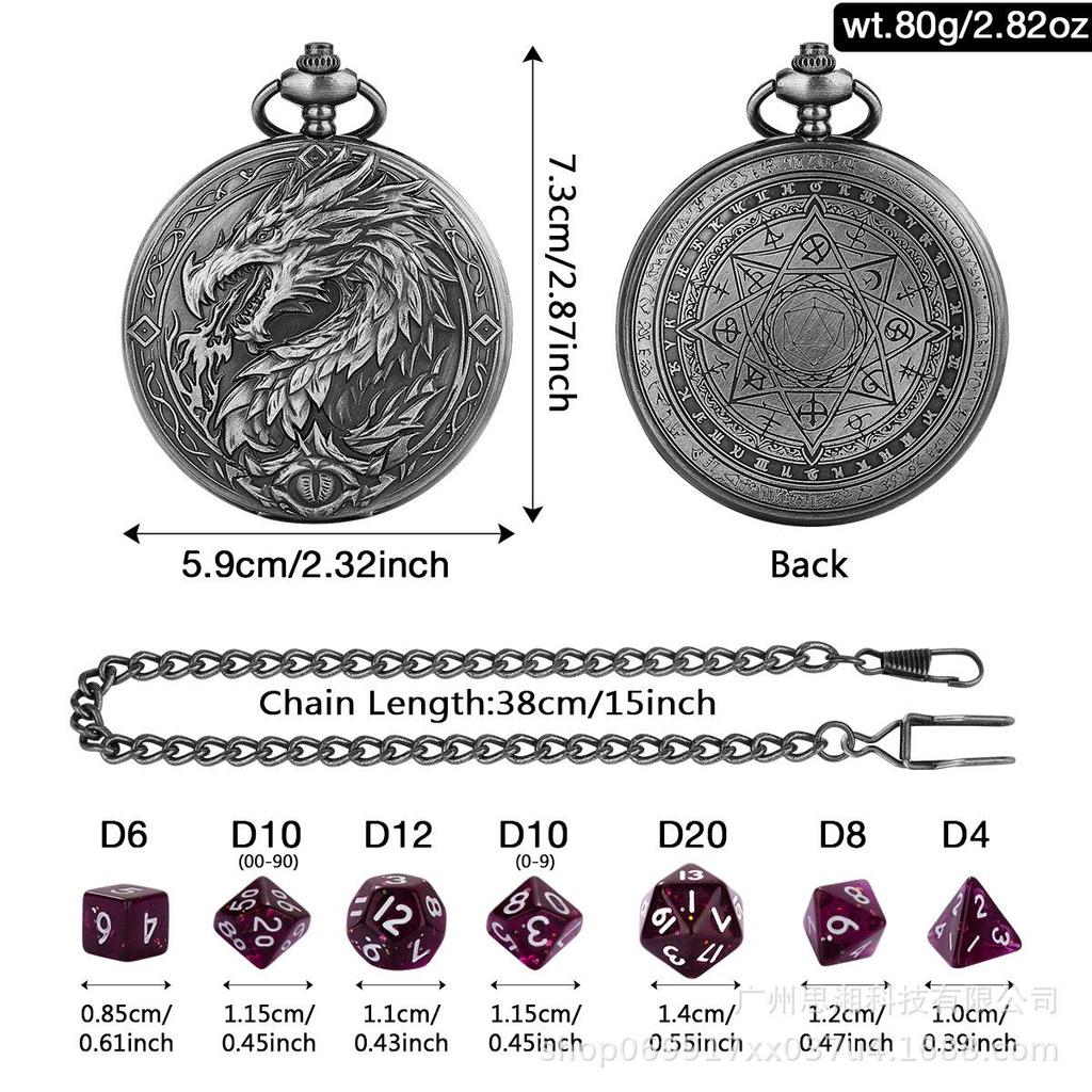 Extra-Large Retro Dragon Fire Pocket Watch Case with DND RPG Dice for Board Games