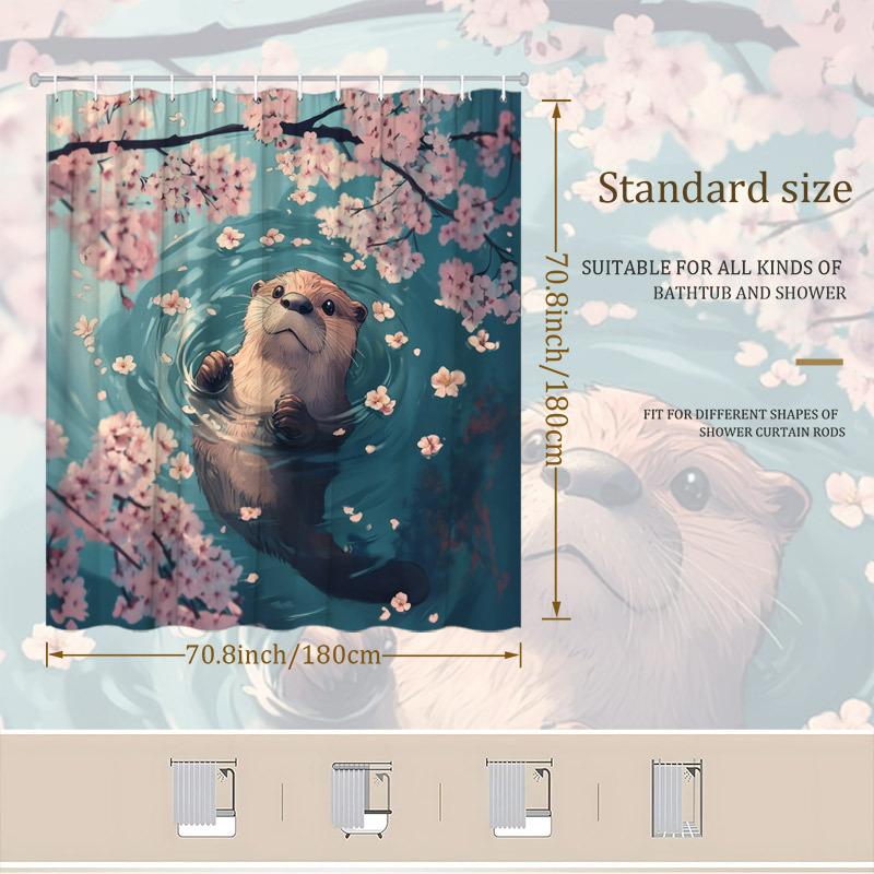 1pc Otter & Cherry Blossoms Shower Curtain - Turquoise Pond, Floating Petals, Cute Otter, Pastel Colors,Washable Polyester