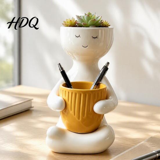 Cute Zen Home Decor Smiling Face Plant Pot, Double Planting Space Planter, Resin Layered Landscaping Planter Sitting Figure Flowerpot for Succulents,