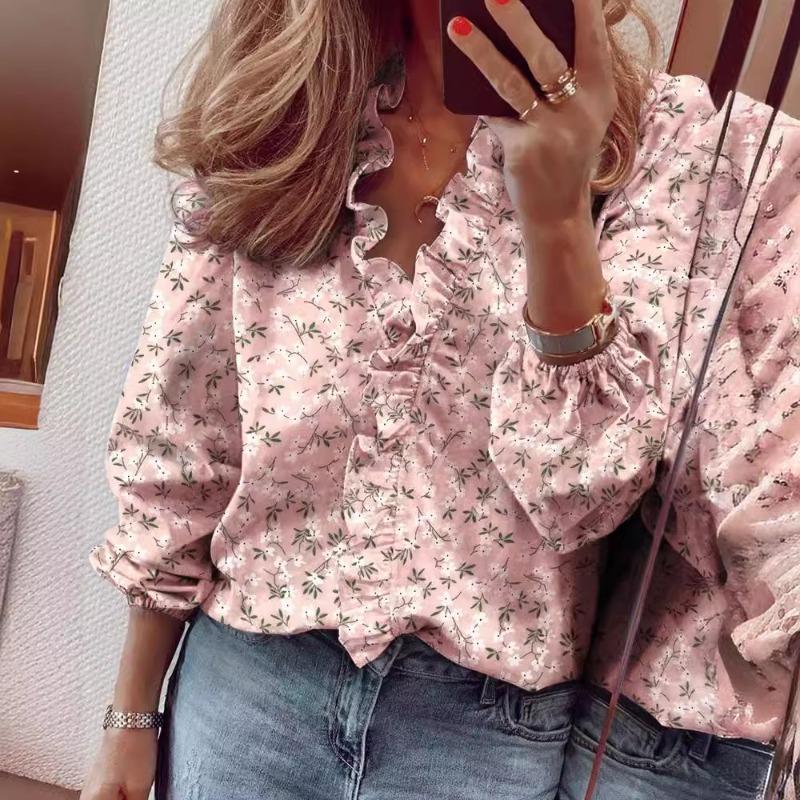 Sommer Herbst Neue Langarm Rüschen Casual Shirt Frauen Tops Vintage Print Elegante Plus Größe Bluse Frauen Mode Tasten Lose Weibliche Shirts 24662
