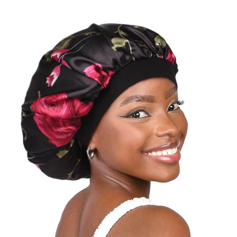 Women Satin Bonnet Elastic Wide Band Floral Printing Night Sleep Hat Hair Loss Head Wrap Chemo Hair Care Shower Makeup Cap