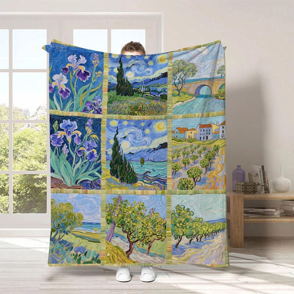 Van Gogh's Checkered Theme polyester Bedroom velvet flannel soft sofa cover blanket Fleece soft sofa cover blankets for beds