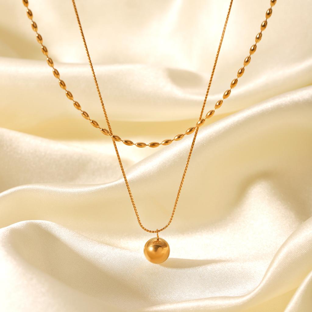 Double Layer Twist Chain Titanium Steel Necklace with Oval Beads Small Gold Ball Pendant Fade Resistant Jewelry