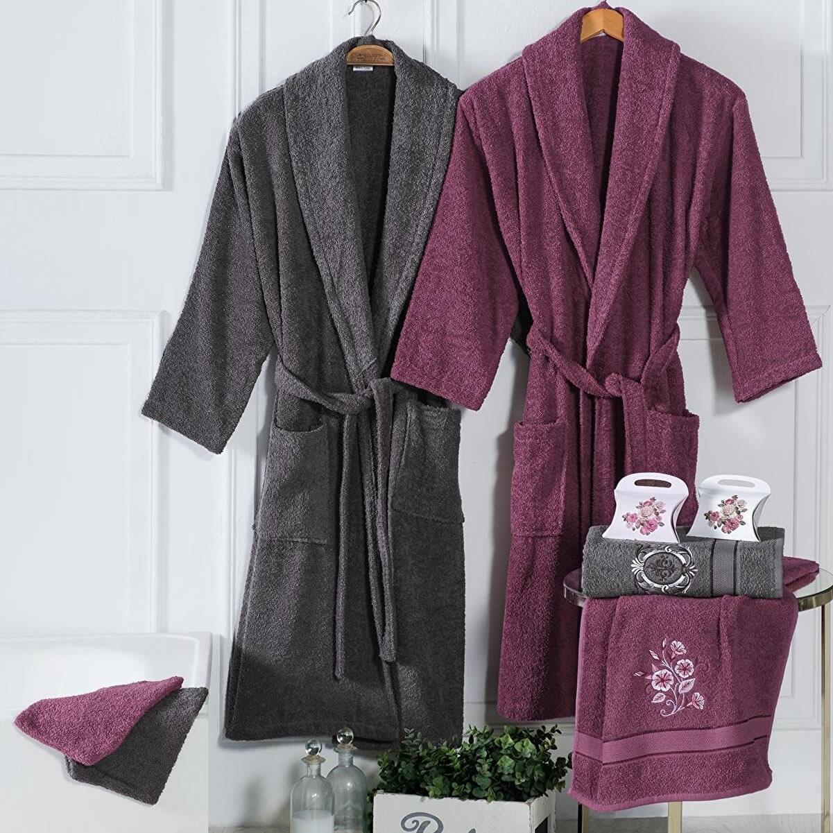 

Антрацитовый сливовый домашний комплект из 8 халатов с вышивкой | Комплект халатов