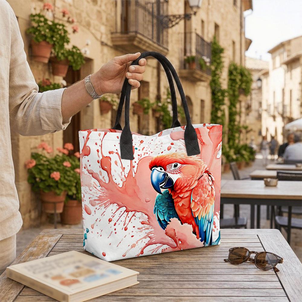 Watercolor Parrot Printed Canvas Tote Bag Large Capacity Casual Shoulder Bag for Daily Shopping Travel