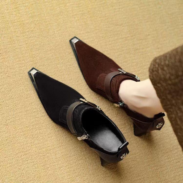 Módní Retro a módní kovová špička, silný podpatek, hluboce vykrojená dámská lodička, nový styl 2025 s přezkou na pásku, elegantní vysoké podpatky