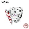 WOSTU gerçek 925 ayar gümüş sevimli kırmızı kalp saat Charms boncuk kadınlar için Fit orijinal DIY bilezik kolye güzel takı hediyeler