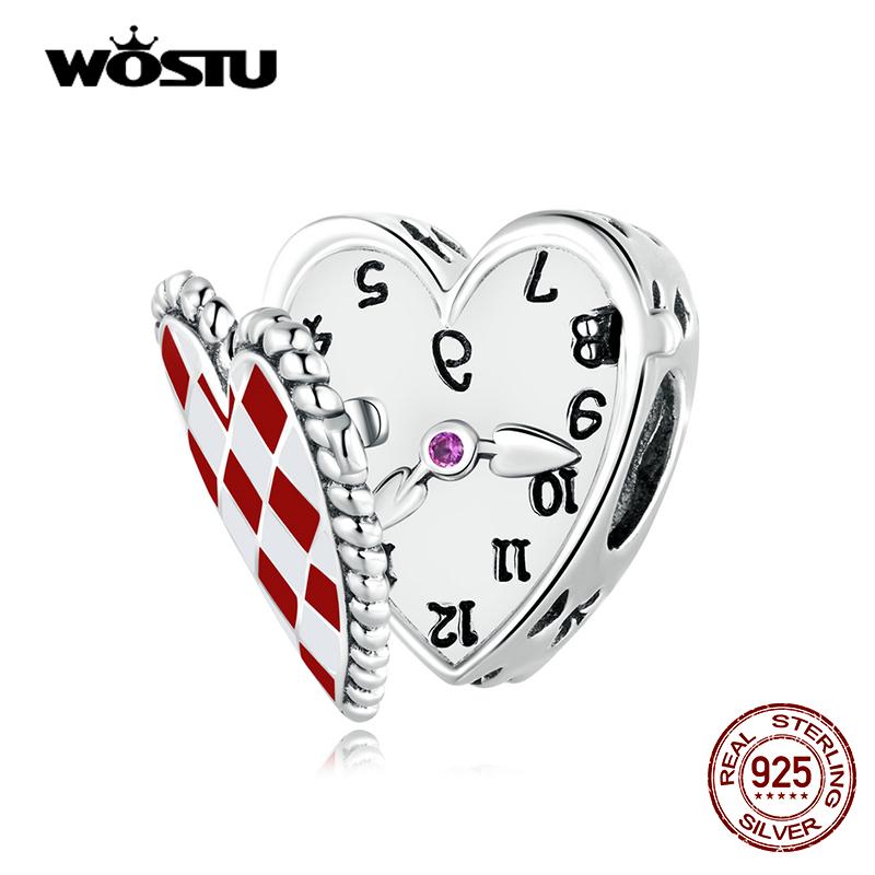 WOSTU gerçek 925 ayar gümüş sevimli kırmızı kalp saat Charms boncuk kadınlar için Fit orijinal DIY bilezik kolye güzel takı hediyeler