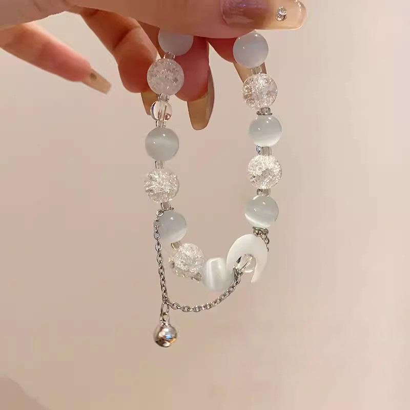 Women's Cat's Eye Stone Moon Bell Bracelet: Elegant Chinese Butterfly Beaded Jewelry for Girlfriends