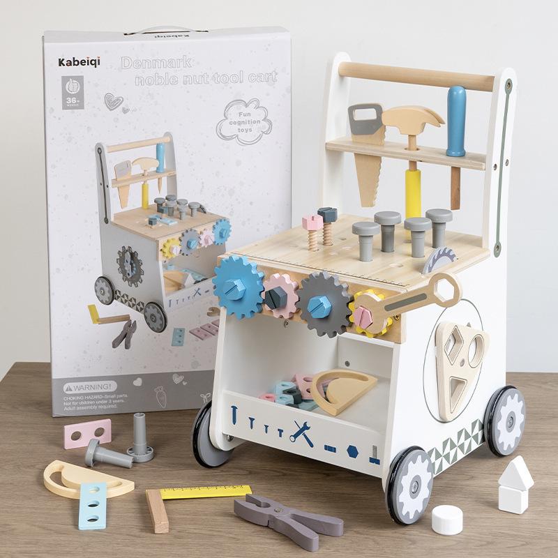 Wooden Baby Walker Stroller with Educational Learning Aid - Anti-Tip Push Car Toy for Toddlers